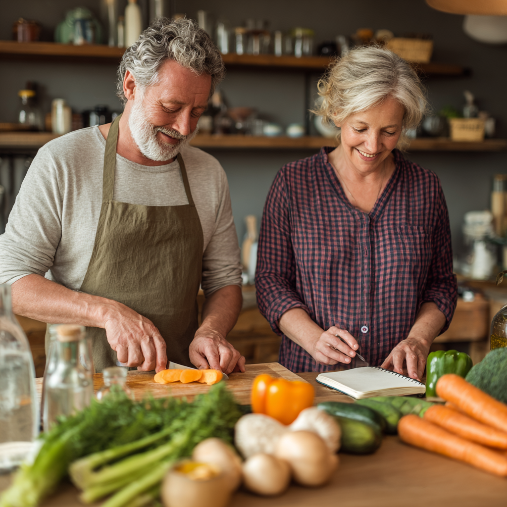 Middle-aged adults preparing healthy meals with fresh vegetables and planning their nutrition