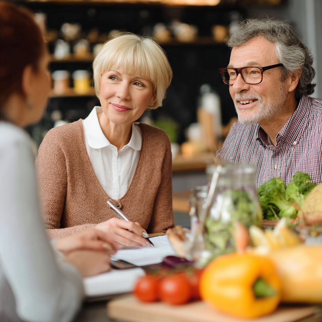 Professional nutritionist consulting with mature adults about their dietary preferences and health goals